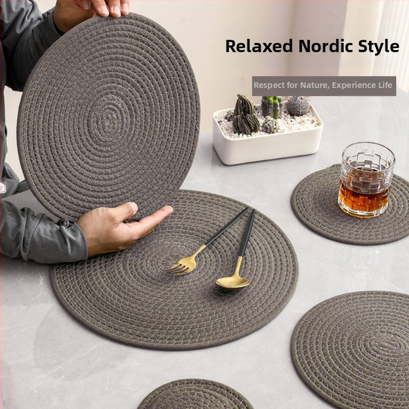 Covoraș țesut din in și bumbac pentru masă și suport pentru pahare, rotund, culoare solidă