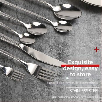 Tro-dijelni set pribora za steak: nož, vilica i žlica, od 201 nehrđajućeg čelika, drška s čekićastim uzorkom, retro stil, polirani sjaj