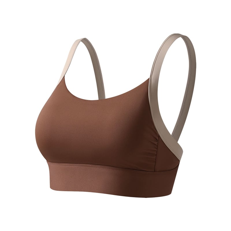 Спортен сутиен с V-образен гръб, пълна чашка, тънки формовани чашки, фиксирани двойни презрамки, закопчаване на гърба с три реда катарами
