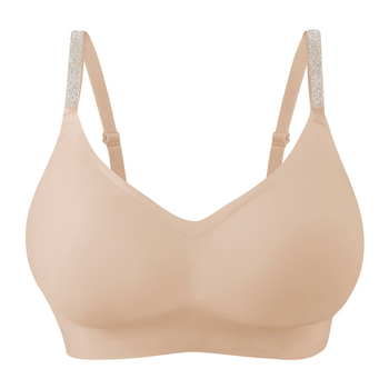 Спортен сутиен безшевен, с пълна чашка, найлонова материя с подплата от спандекс 30–50%, задно закопчаване с четири реда катарами, фиксирани двойни презрамки