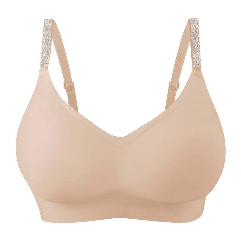 Спортен сутиен безшевен, с пълна чашка, найлонова материя с подплата от спандекс 30–50%, задно закопчаване с четири реда катарами, фиксирани двойни презрамки