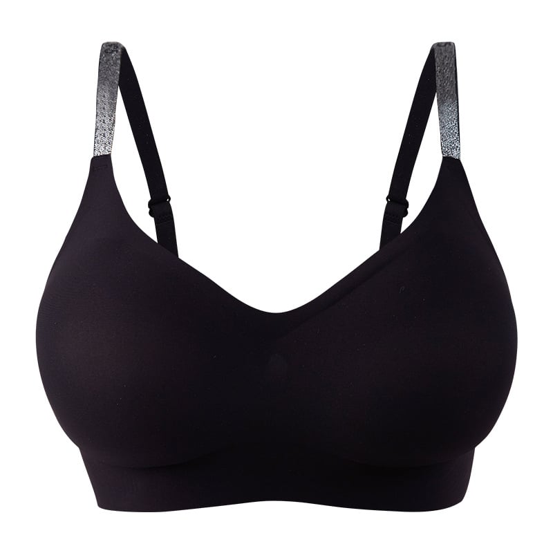 Спортен сутиен безшевен, с пълна чашка, найлонова материя с подплата от спандекс 30–50%, задно закопчаване с четири реда катарами, фиксирани двойни презрамки