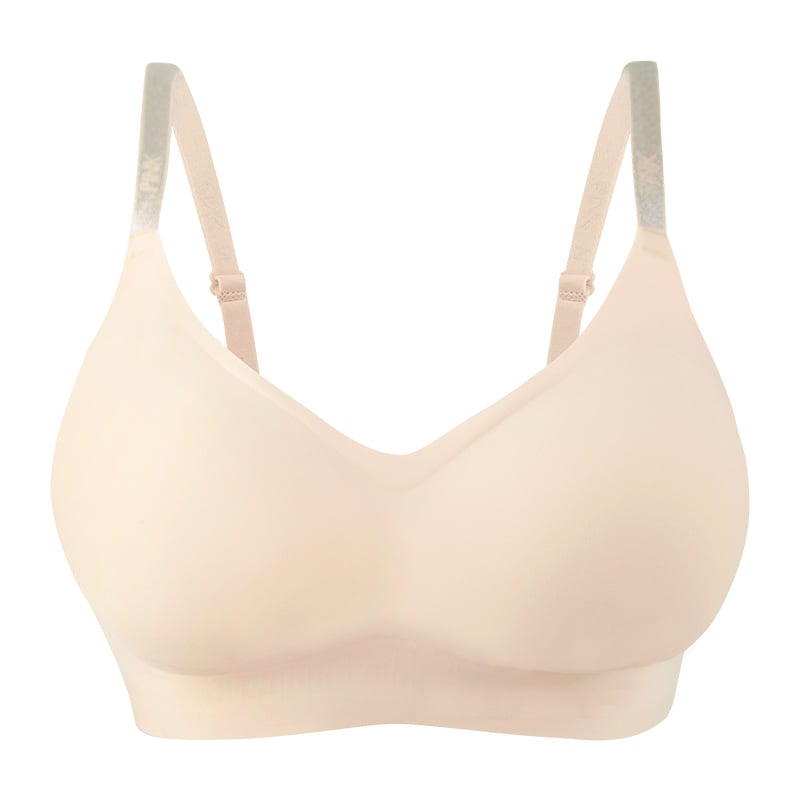 Спортен сутиен безшевен, с пълна чашка, найлонова материя с подплата от спандекс 30–50%, задно закопчаване с четири реда катарами, фиксирани двойни презрамки