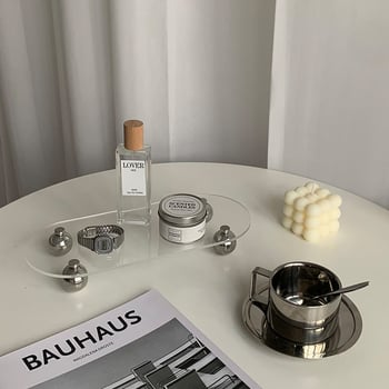 Prozirna akrilna posuda za pohranu s okruglim metalnim nogicama – moderni minimalistički stolni organizator/ploča za fotografije s otisom loga