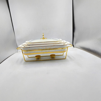 Kvadratna keramička posuda za pečenje s dvostrukim držačima, porcelan, prugasti uzorak, svijetlo luksuzan retro stil, glazirana površina, mogućnost prilagodbe grafike
