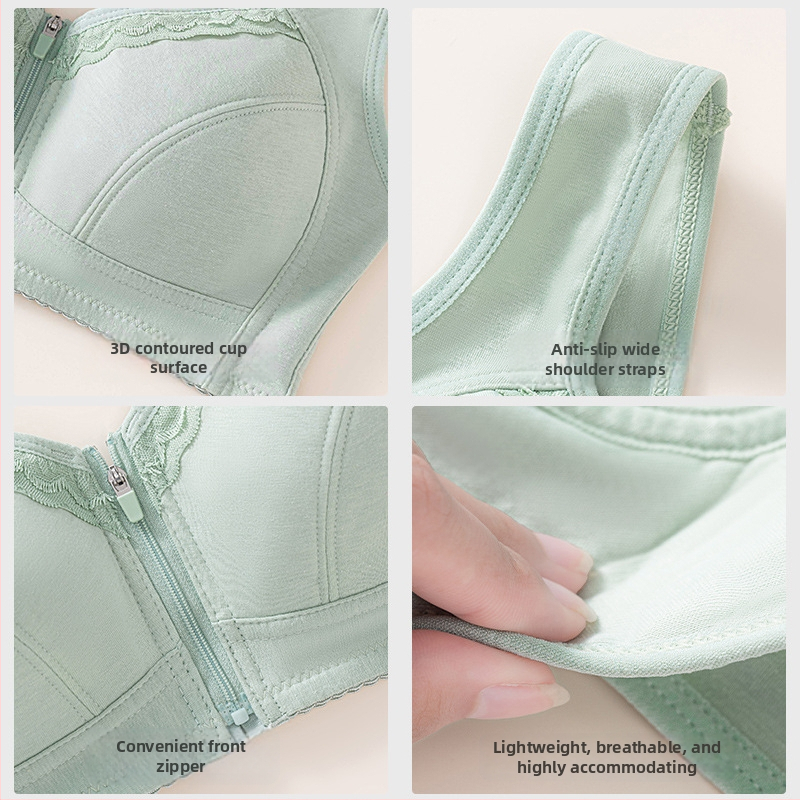 Sutien fără arc, cu închidere frontală, stil vestă, cupă din bumbac, cupă completă