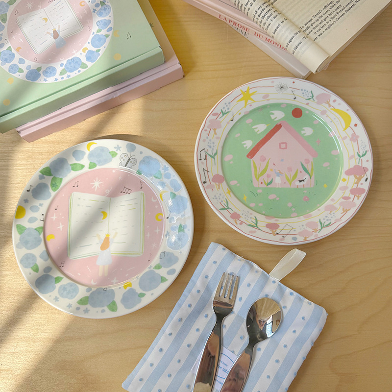 Farfurie ceramică cu model desen animat, stil proaspăt, formă rotundă, compatibilă cu microunde