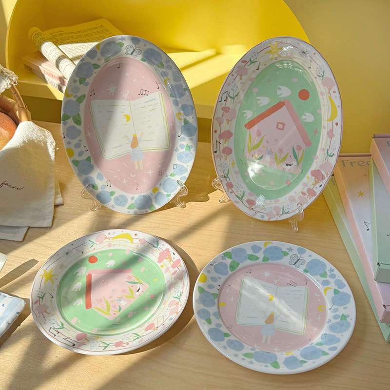Farfurie ceramică cu model desen animat, stil proaspăt, formă rotundă, compatibilă cu microunde