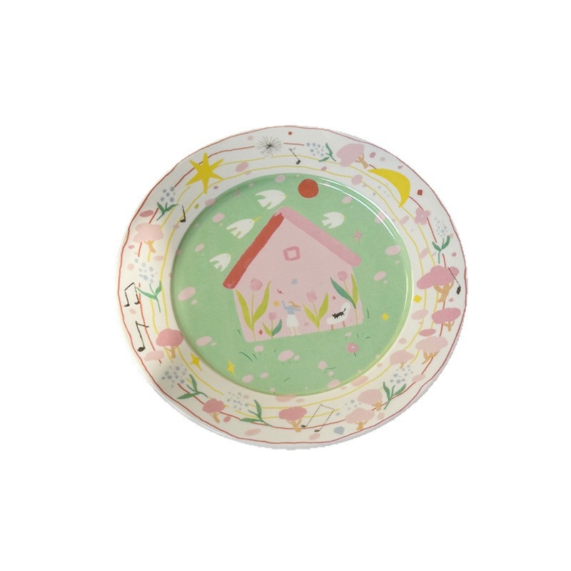 Farfurie ceramică cu model desen animat, stil proaspăt, formă rotundă, compatibilă cu microunde