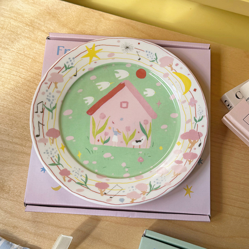 Farfurie ceramică cu model desen animat, stil proaspăt, formă rotundă, compatibilă cu microunde