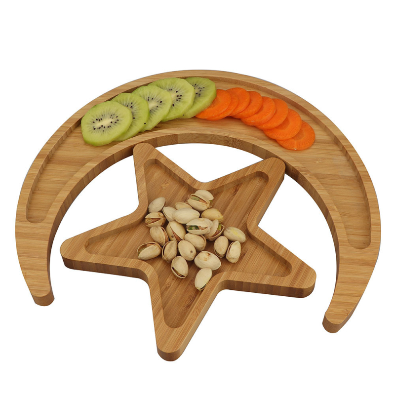 Farfurie de copii din bambus cu design stea și lună - formă neregulată, compatibilă cu microunde, finisaj ecologic