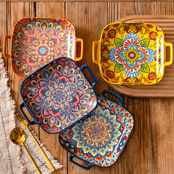 Farfurie rotundă din porțelan, cu dungi, stil boem, potrivită pentru microunde