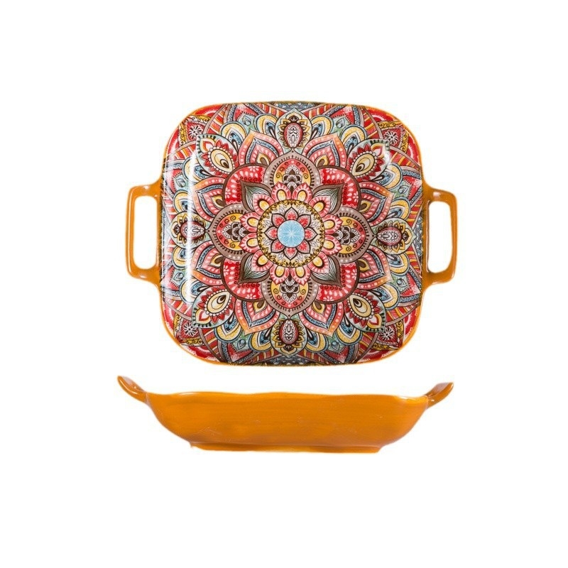 Farfurie rotundă din porțelan, cu dungi, stil boem, potrivită pentru microunde