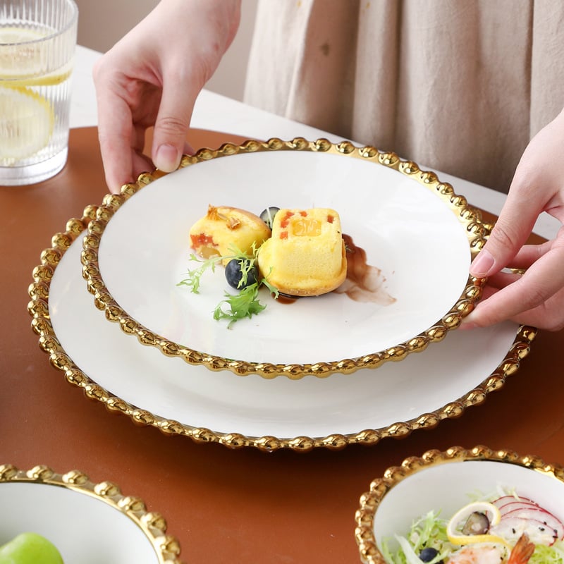 Porcelansko posuđe – okrugli tanjuri i zdjele, nordijski stil, elektroplirano rub, mogućnost prilagodbe