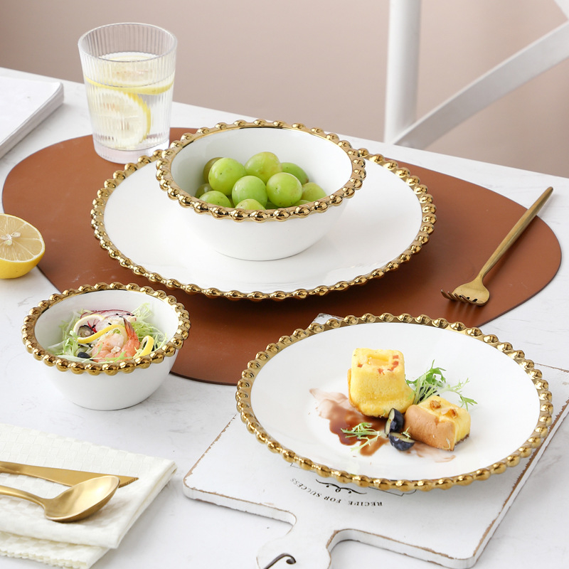 Porcelansko posuđe – okrugli tanjuri i zdjele, nordijski stil, elektroplirano rub, mogućnost prilagodbe