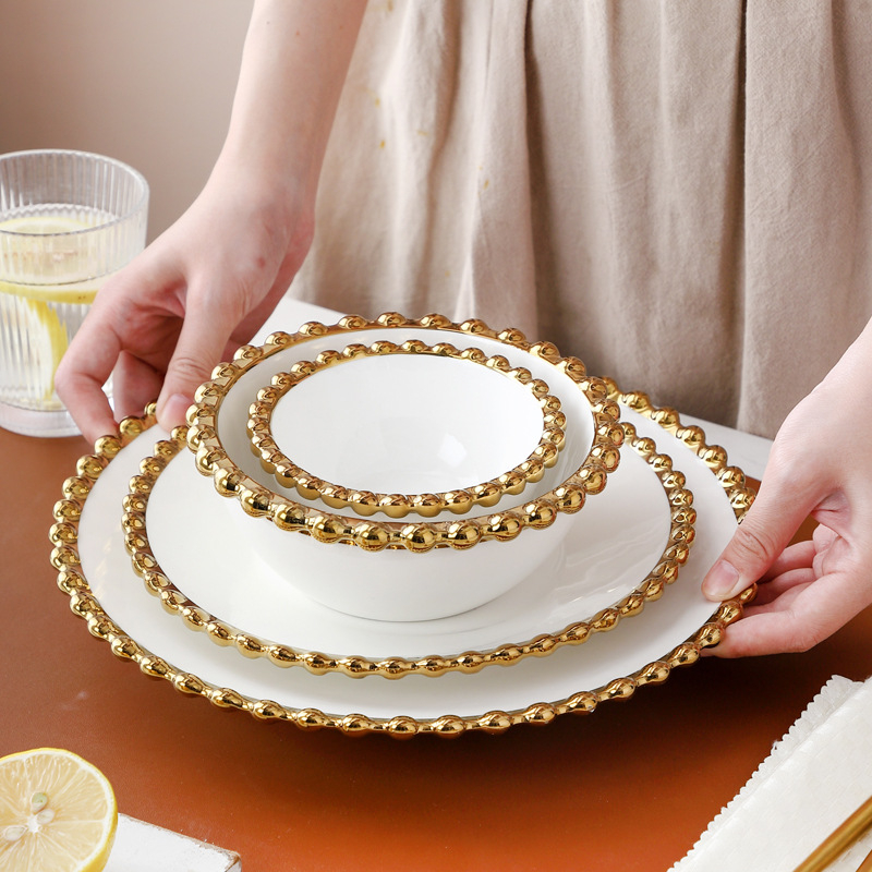 Porcelansko posuđe – okrugli tanjuri i zdjele, nordijski stil, elektroplirano rub, mogućnost prilagodbe