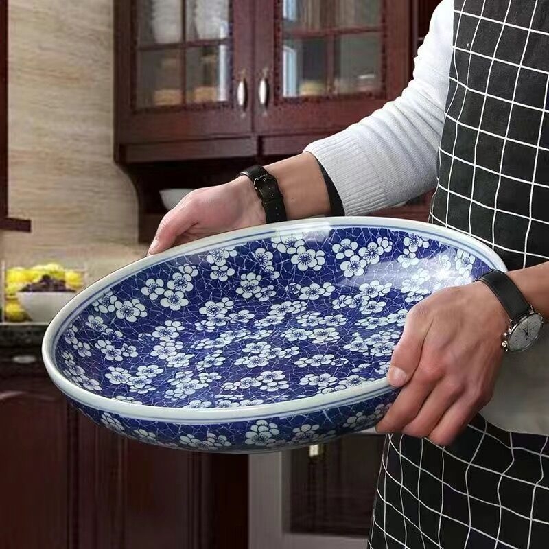 Keramički tanjur s podglazurnom glazurom, velika okrugla ploča s cvjetnim uzorkom, pogodna za ribu i pileća jela