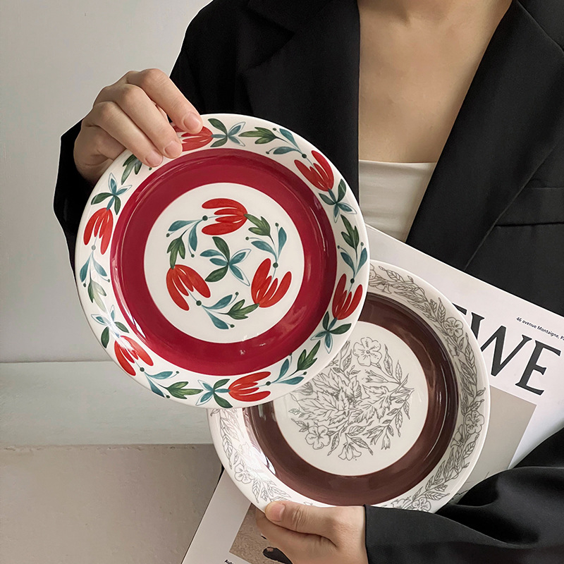 Porcelanski tanjur za večeru, okrugli, s hibiskus uzorkom, mikrovalna sigurna, otisak loga