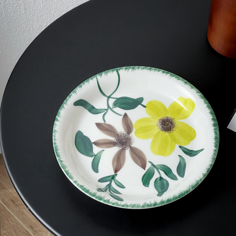 Porcelanski tanjur za večeru, okrugli, s hibiskus uzorkom, mikrovalna sigurna, otisak loga
