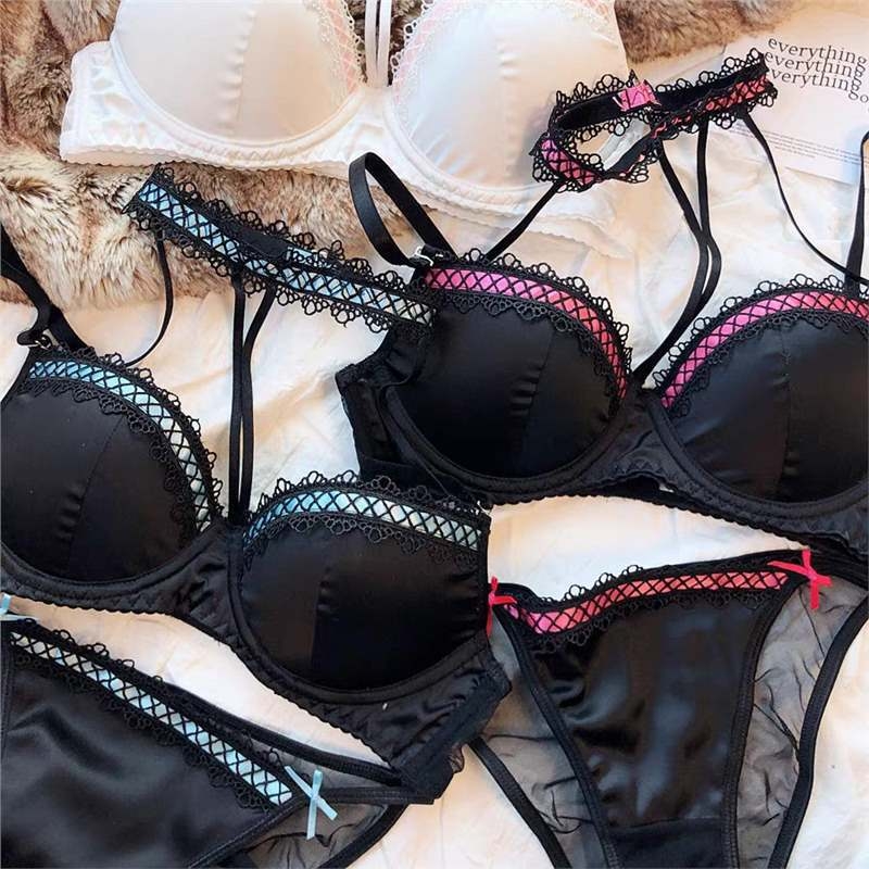Francuskog stila seksi čipkasto-satenski halter grudnjak s žicom za male grudi, push-up, set donjeg rublja s izrezima
