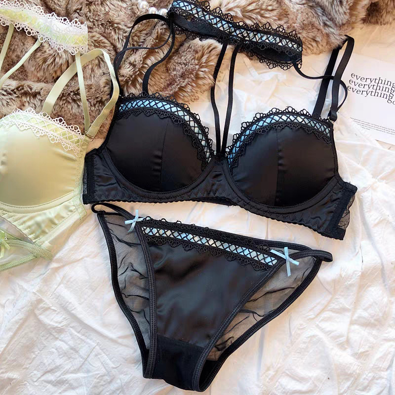 Francuskog stila seksi čipkasto-satenski halter grudnjak s žicom za male grudi, push-up, set donjeg rublja s izrezima