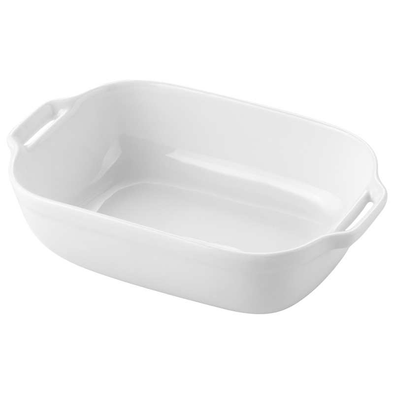 Porcelán téglalap alakú sütőedény dupla fogantyúval — mikrohullámú sütőben használható — aláglazúrozott felület — személyre szabás elérhető