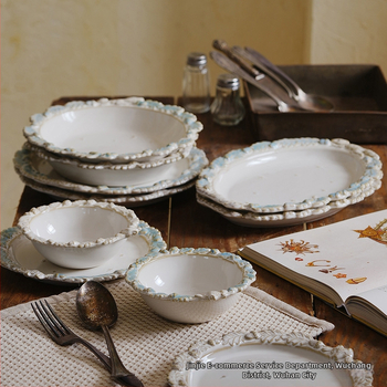 Retro francuska reljefna porcelanska tanjura za večeru sa cvjetnim uzorkom – keramički posuđe za tjesteninu, steak, salatu, desert i rižu