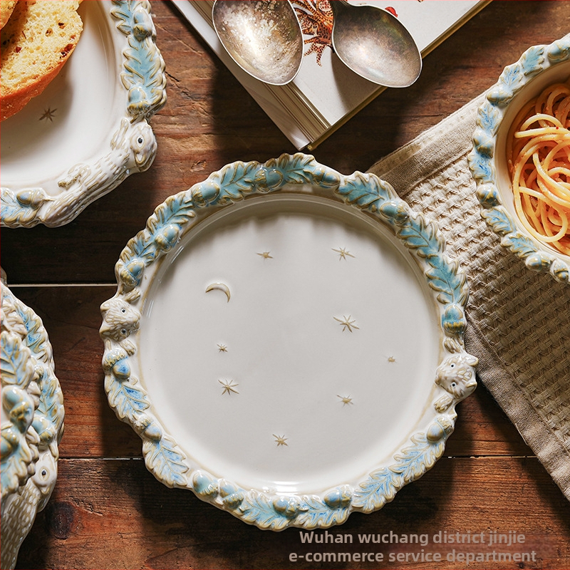 Retro francuska reljefna porcelanska tanjura za večeru sa cvjetnim uzorkom – keramički posuđe za tjesteninu, steak, salatu, desert i rižu