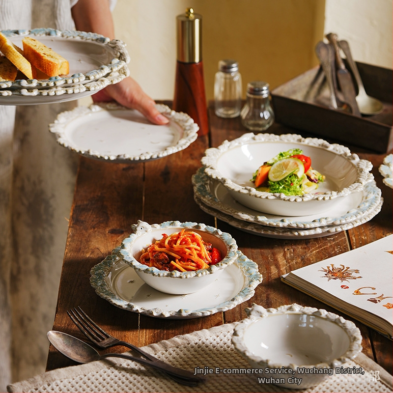 Retro francuska reljefna porcelanska tanjura za večeru sa cvjetnim uzorkom – keramički posuđe za tjesteninu, steak, salatu, desert i rižu