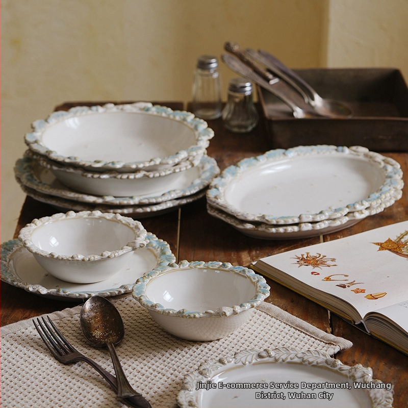 Retro francuska reljefna porcelanska tanjura za večeru sa cvjetnim uzorkom – keramički posuđe za tjesteninu, steak, salatu, desert i rižu