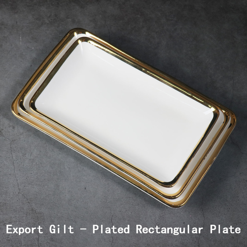 Porcelanski pravokutni tanjur sa zlatnim rubom, skandinavski minimalistički stil, elektroplating površina