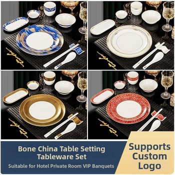 Hotellide lauanõude komplekt kaulporcelianist, Jingdezhenis, kuldne äär, 2 komplekti, sisaldab kausi, taldrikke, tasse, lusikaid, pulkade hoidjaid ja pulkasid