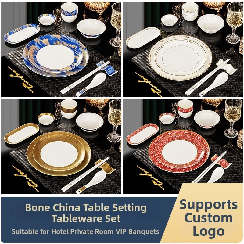 Hotellide lauanõude komplekt kaulporcelianist, Jingdezhenis, kuldne äär, 2 komplekti, sisaldab kausi, taldrikke, tasse, lusikaid, pulkade hoidjaid ja pulkasid