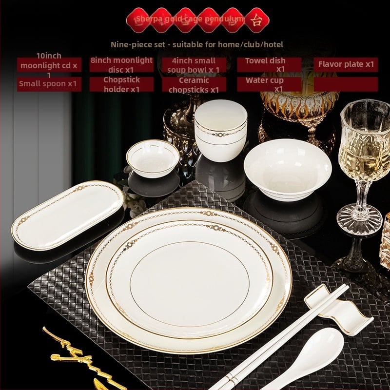 Hotellide lauanõude komplekt kaulporcelianist, Jingdezhenis, kuldne äär, 2 komplekti, sisaldab kausi, taldrikke, tasse, lusikaid, pulkade hoidjaid ja pulkasid