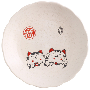 Deset ručno oslikanih japanskih keramičkih posuđa s motivom Maneki-Neko, okrugli tanjuri i zdjele, keramika, ručno oslikana površina, otporno na mikrovalnu