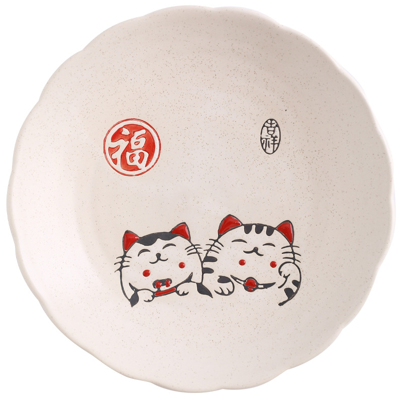Deset ručno oslikanih japanskih keramičkih posuđa s motivom Maneki-Neko, okrugli tanjuri i zdjele, keramika, ručno oslikana površina, otporno na mikrovalnu