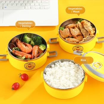 Термо кутия за обяд от неръждаема стомана, кръгла, трислойна, запазва топлината, капацитет 800–1000 ml, преносима, мил дизайн Little Yellow Duck