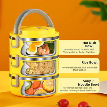 Термо кутия за обяд от неръждаема стомана, кръгла, трислойна, запазва топлината, капацитет 800–1000 ml, преносима, мил дизайн Little Yellow Duck