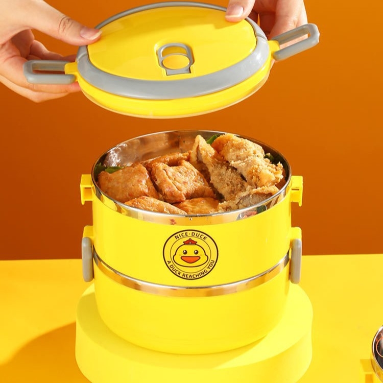 Термо кутия за обяд от неръждаема стомана, кръгла, трислойна, запазва топлината, капацитет 800–1000 ml, преносима, мил дизайн Little Yellow Duck