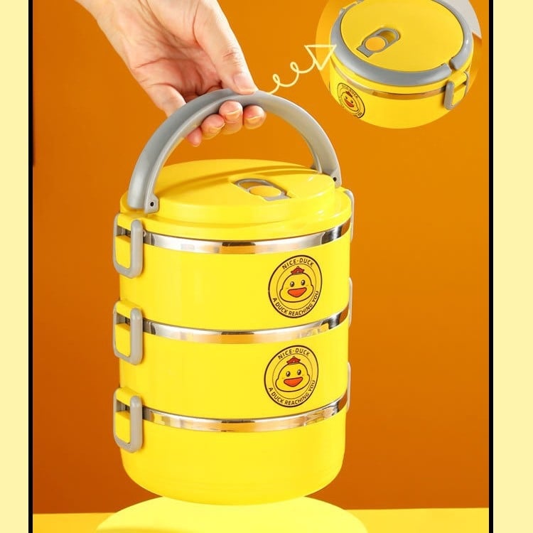 Термо кутия за обяд от неръждаема стомана, кръгла, трислойна, запазва топлината, капацитет 800–1000 ml, преносима, мил дизайн Little Yellow Duck