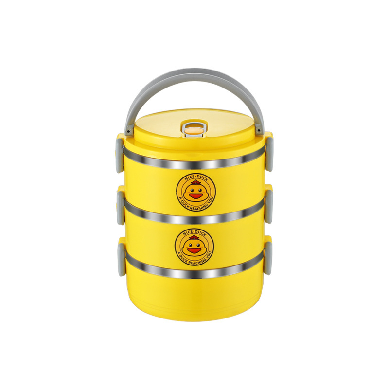 Термо кутия за обяд от неръждаема стомана, кръгла, трислойна, запазва топлината, капацитет 800–1000 ml, преносима, мил дизайн Little Yellow Duck