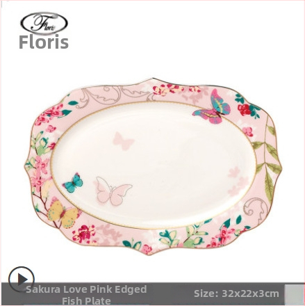 Zapadni tanjur od kostnog porcelana, nepravilnog oblika, cvjetni uzorak, glazirana površina, siguran u mikrovalnu