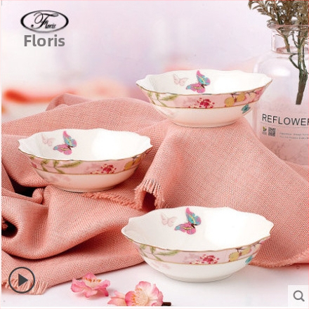 Zapadni tanjur od kostnog porcelana, nepravilnog oblika, cvjetni uzorak, glazirana površina, siguran u mikrovalnu