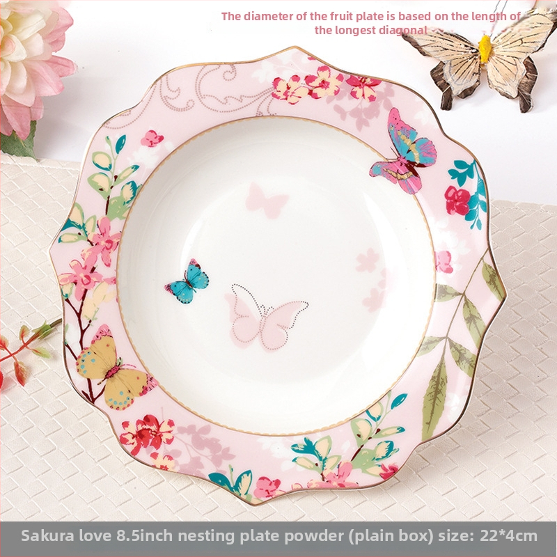Zapadni tanjur od kostnog porcelana, nepravilnog oblika, cvjetni uzorak, glazirana površina, siguran u mikrovalnu
