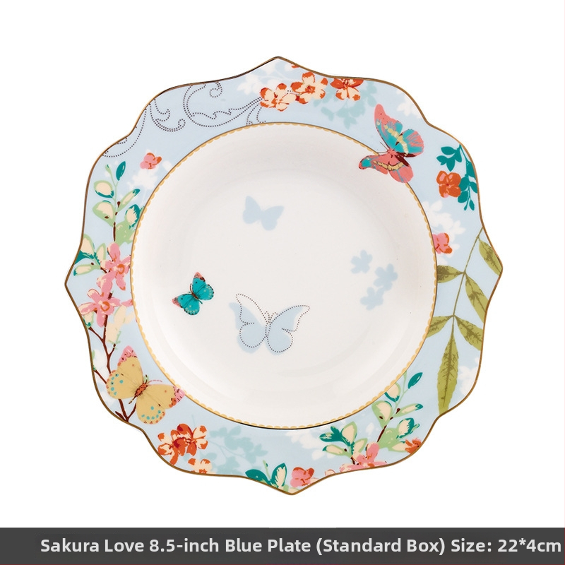 Zapadni tanjur od kostnog porcelana, nepravilnog oblika, cvjetni uzorak, glazirana površina, siguran u mikrovalnu