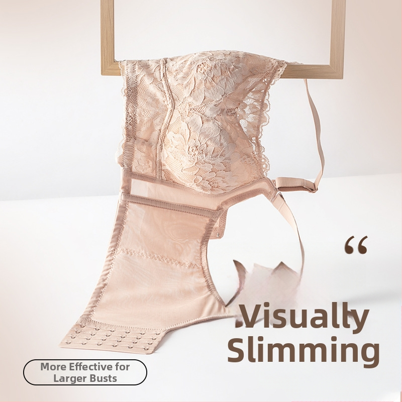 Sutien fără fir cu cupă completă, cupe modelate ultra-subțiri, dantelă din nailon cu căptușeală de bumbac, închidere cu șase rânduri de arici, bretele fixe