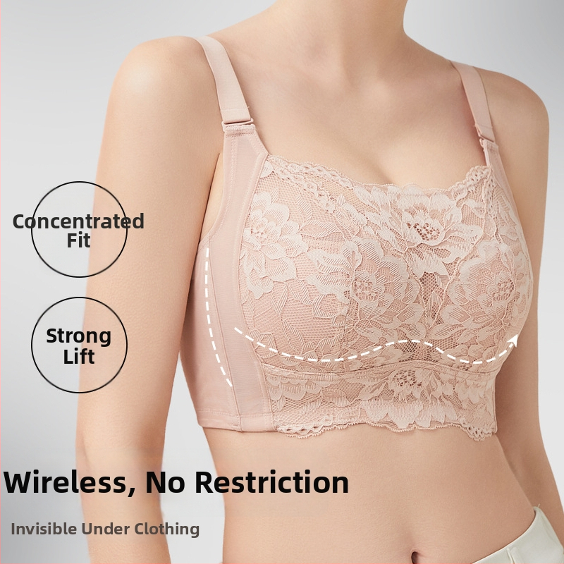 Sutien fără fir cu cupă completă, cupe modelate ultra-subțiri, dantelă din nailon cu căptușeală de bumbac, închidere cu șase rânduri de arici, bretele fixe