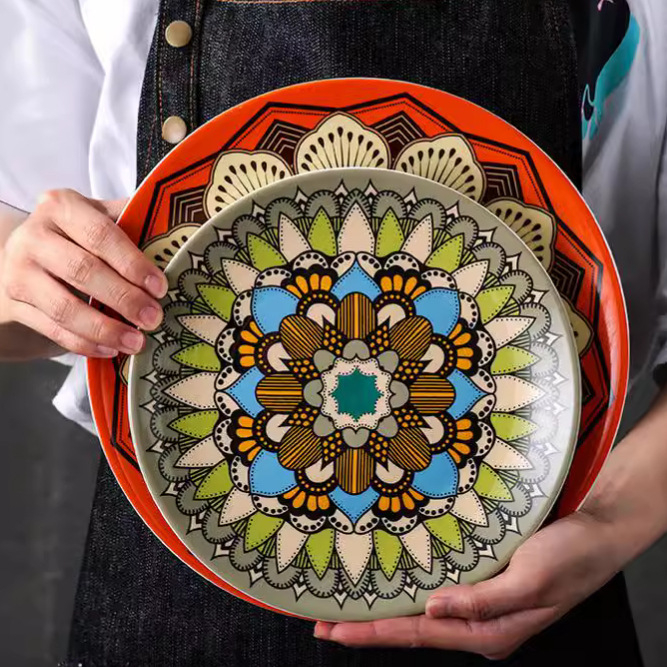 Keramička plitka zdjela, boemski stil, kružnog oblika, različiti uzorci, prikladno za mikrovalnu