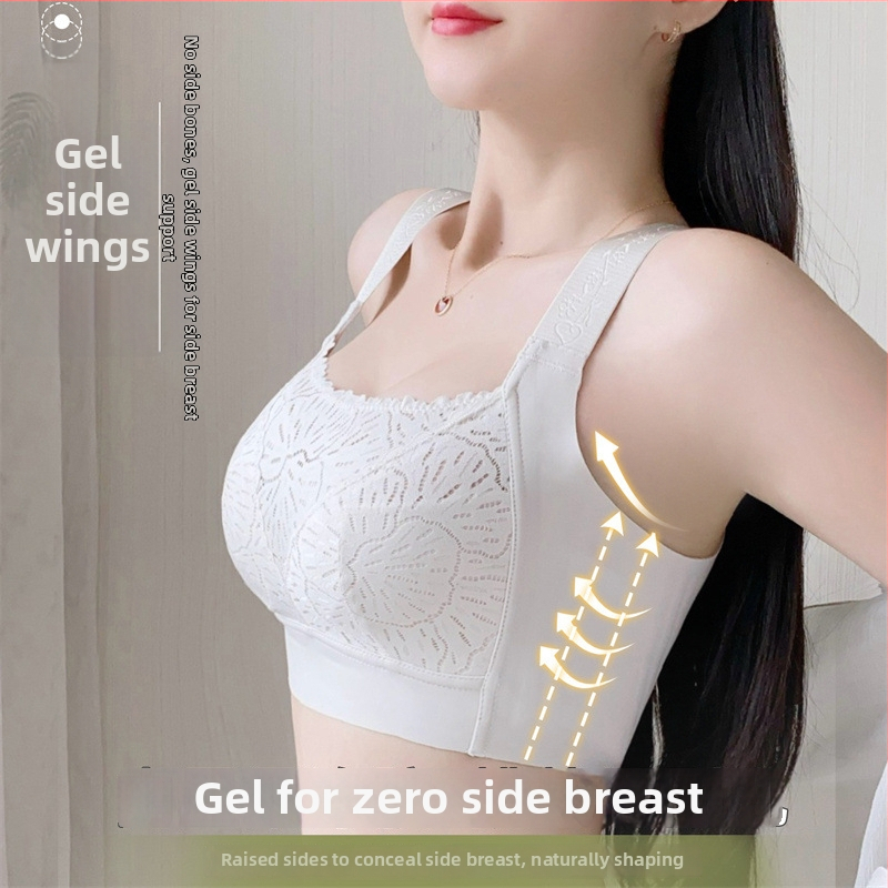 Sutien fără sârmă, cupă completă, forme turnate ultra-subțiri, dantelă, țesătură din nailon, bretele fixe, închidere în spate cu patru rânduri de cârlige