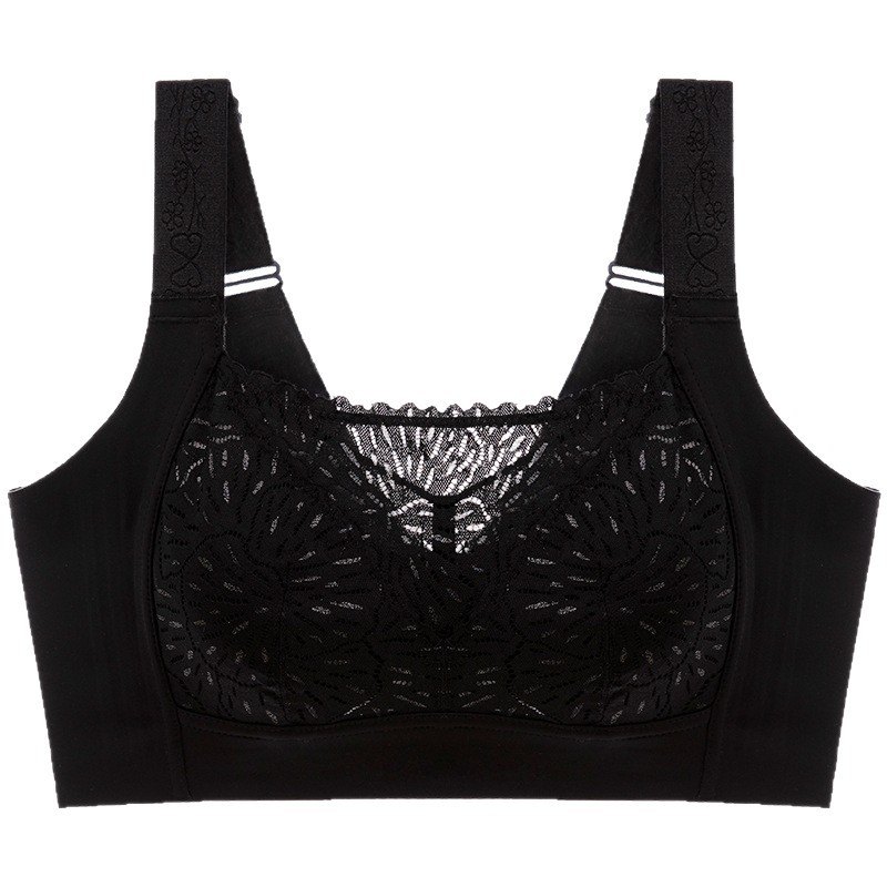 Sutien fără sârmă, cupă completă, forme turnate ultra-subțiri, dantelă, țesătură din nailon, bretele fixe, închidere în spate cu patru rânduri de cârlige